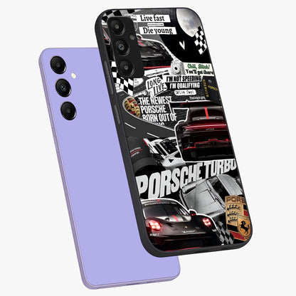 Porsche Racing Collage Glass Case displayed in angled mockup highlighting dynamic automotive design with bold racing aesthetic.