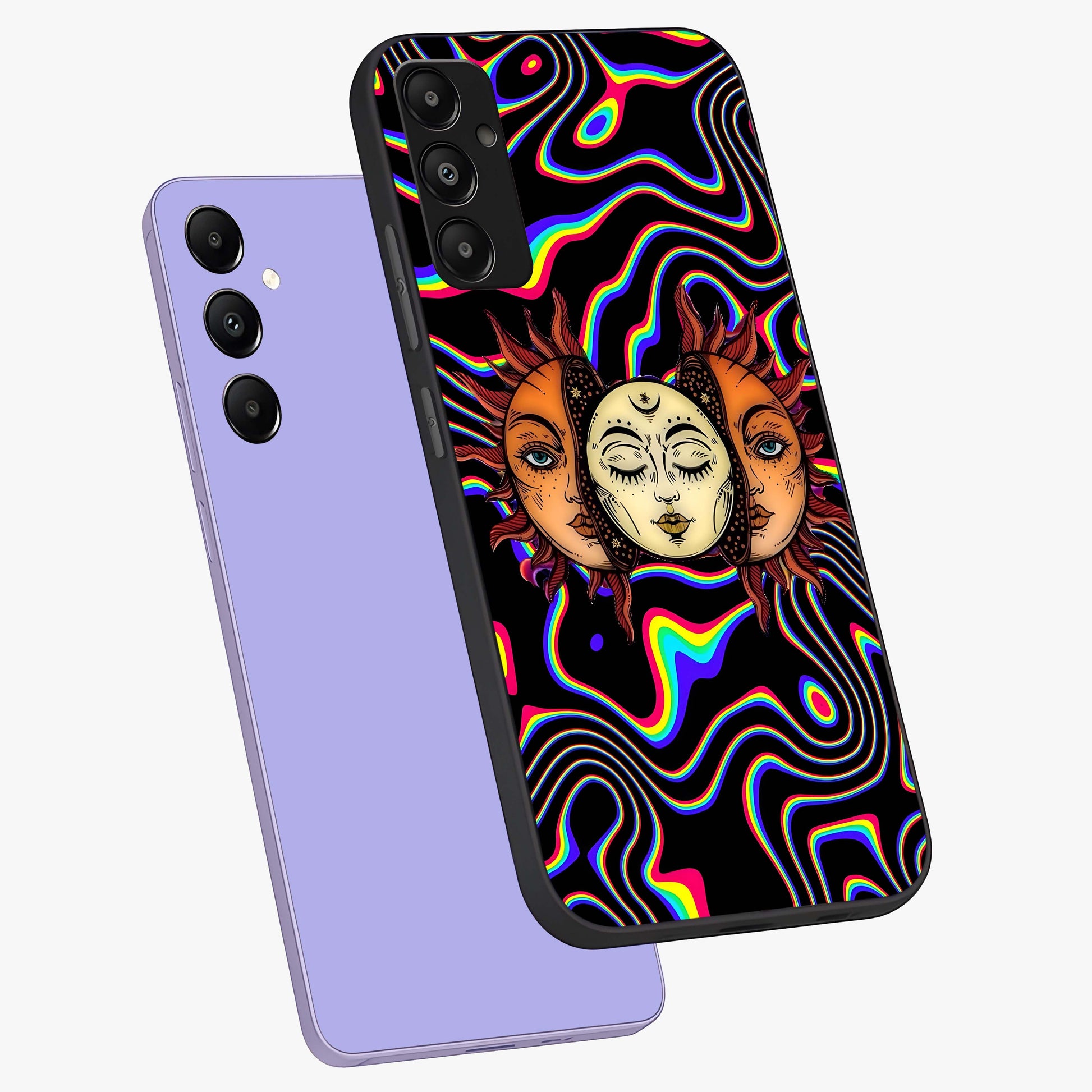Psychedelic Sun Glass Case displayed in angled mockup highlighting vibrant abstract sun design with artistic aesthetic style.