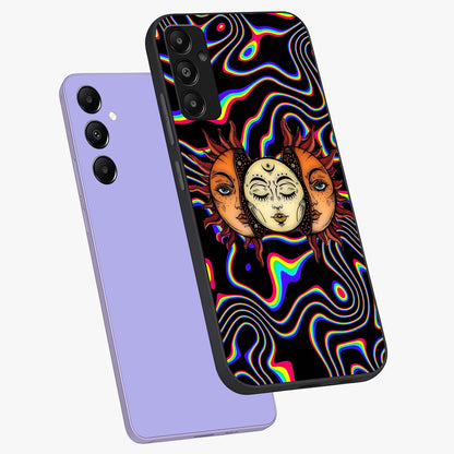 Psychedelic Sun Glass Case displayed in angled mockup highlighting vibrant abstract sun design with artistic aesthetic style.