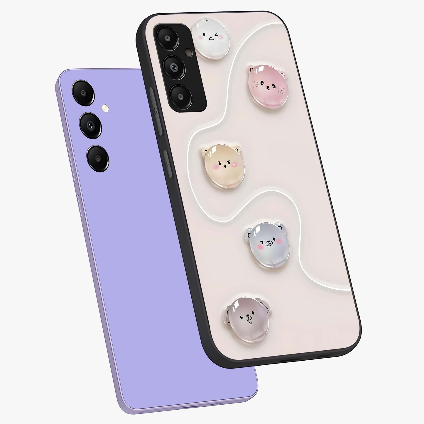 Puffy Face Parade Glass Case displayed in angled mockup highlighting playful cartoon face design with fun aesthetic.