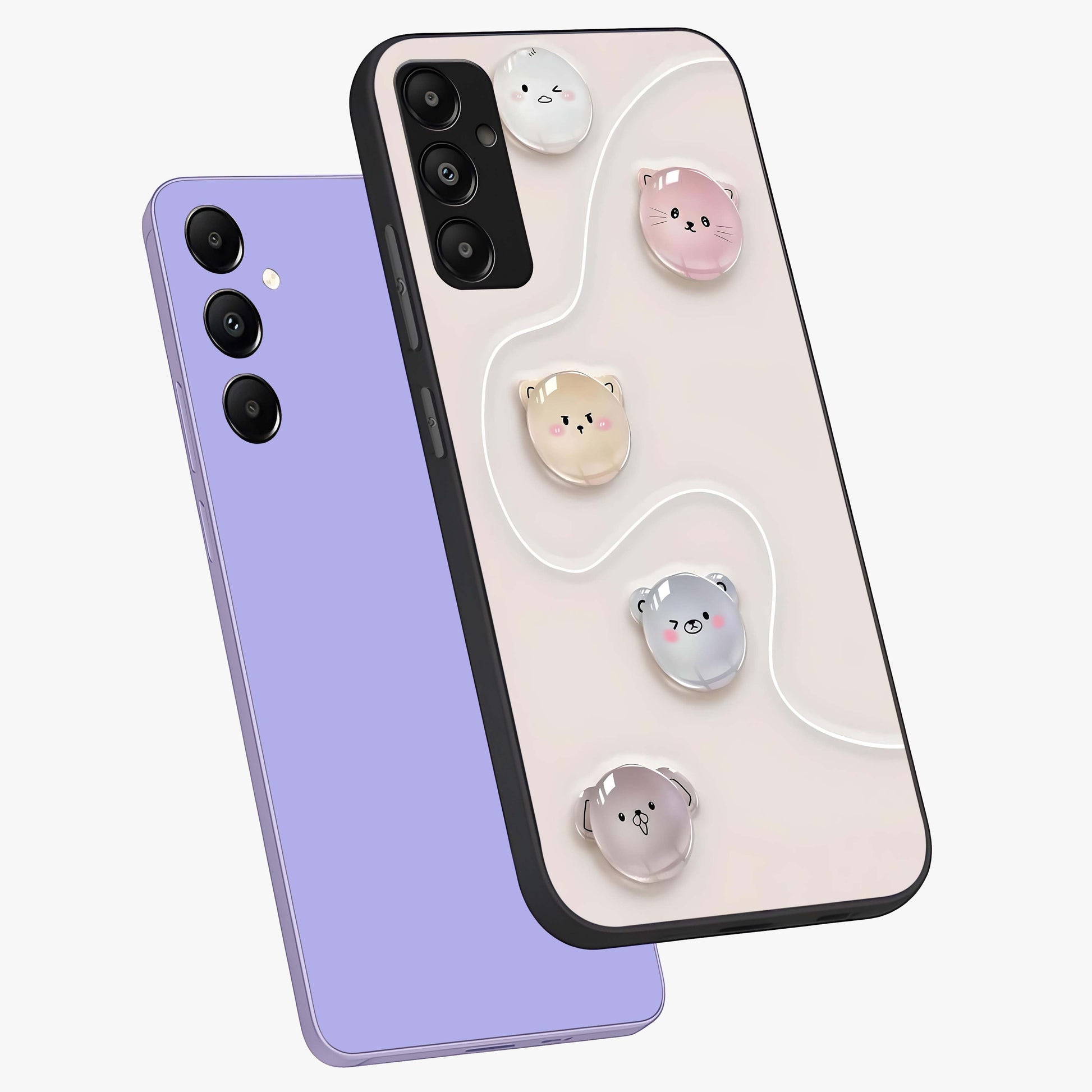 Puffy Face Parade Glass Case displayed in angled mockup highlighting playful cartoon face design with fun aesthetic.
