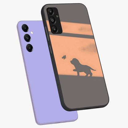 Puppy Shadow Art Glass Case displayed in angled mockup highlighting playful dog illustration with artistic shadow aesthetic.