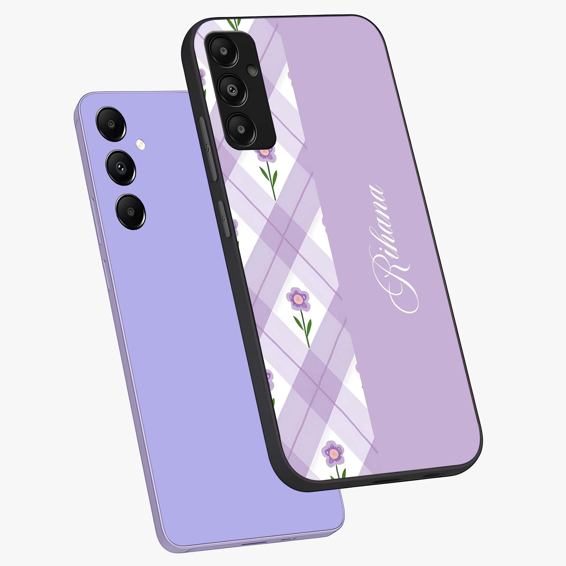 Purple Diamond Floral Glass Case displayed in angled mockup highlighting elegant purple flower design with decorative pattern.