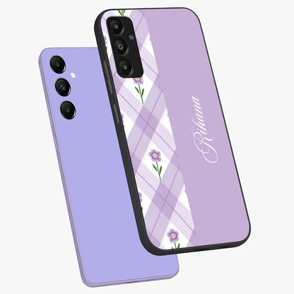 Purple Diamond Floral Glass Case displayed in angled mockup highlighting elegant purple flower design with decorative pattern.