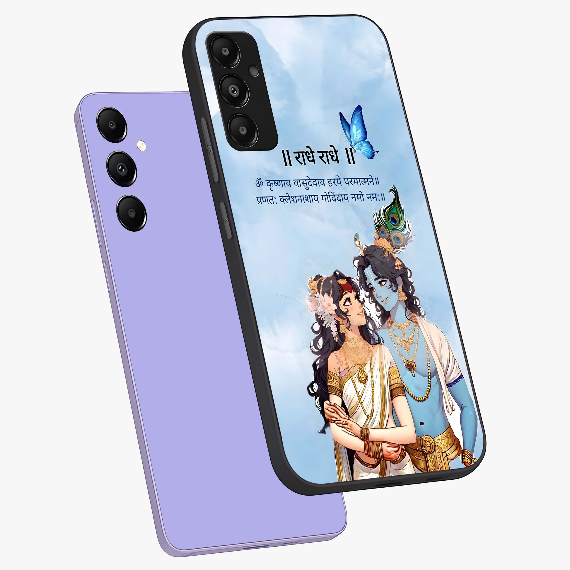 Radha Krishna Eternal Glass Case displayed in angled mockup highlighting divine Radha Krishna illustration with spiritual aesthetic.
