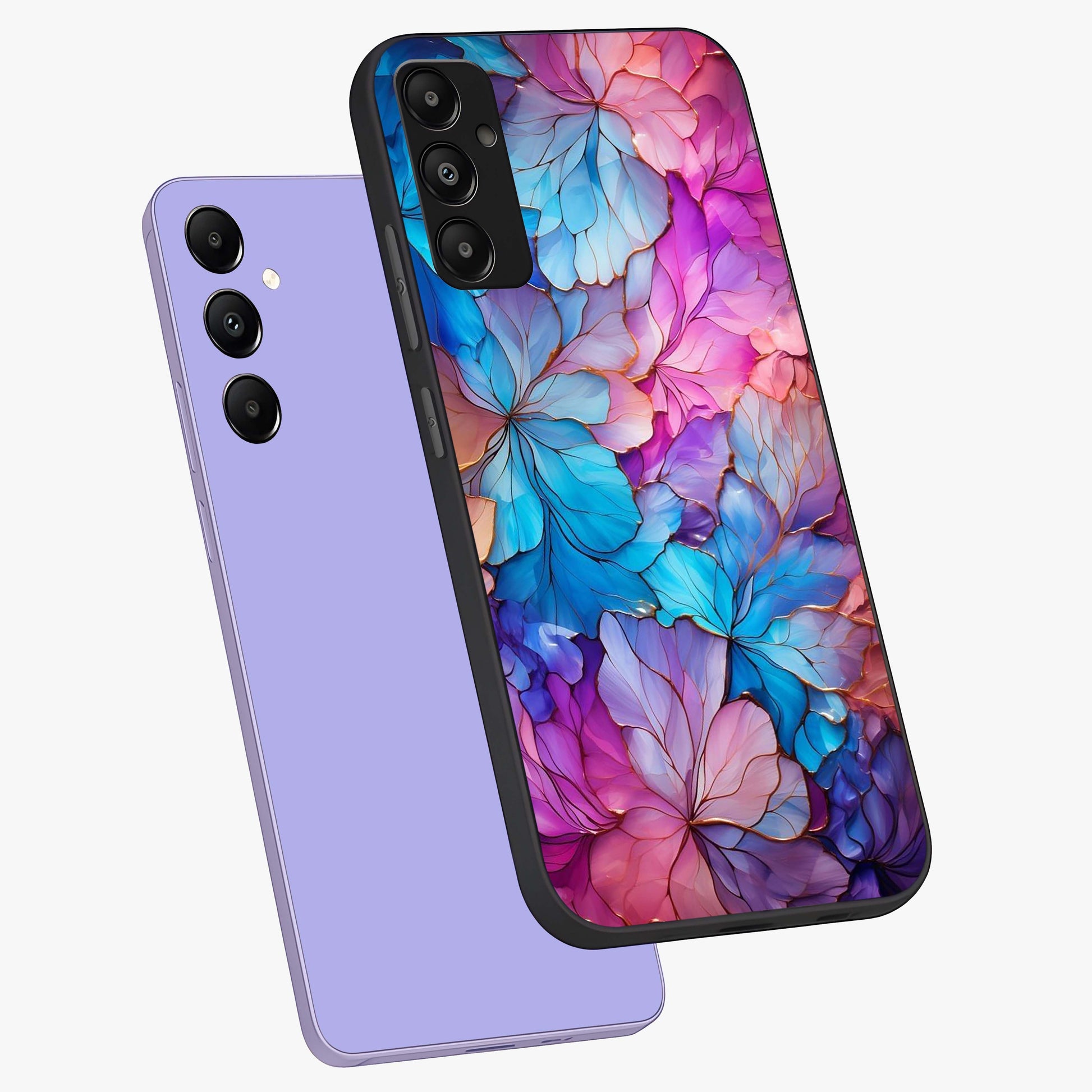Radiant Floral Whirl Glass Case displayed in angled mockup highlighting vibrant flower pattern with dynamic artistic aesthetic.