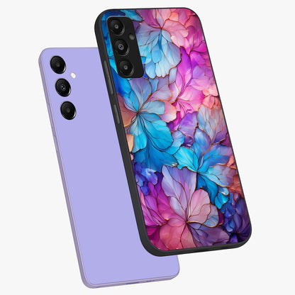 Radiant Floral Whirl Glass Case displayed in angled mockup highlighting vibrant flower pattern with dynamic artistic aesthetic.