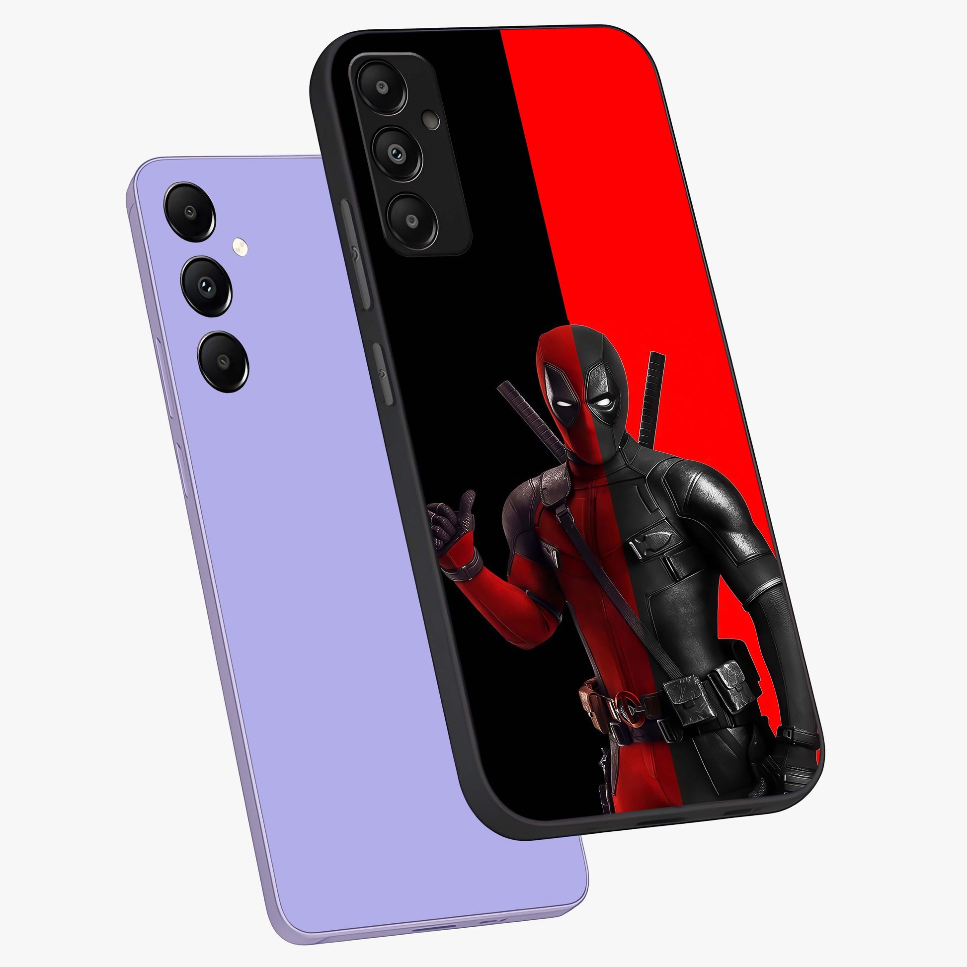 Red & Black Deadpool Theme Glass Case displayed in angled mockup highlighting vibrant superhero style illustration with action aesthetic.