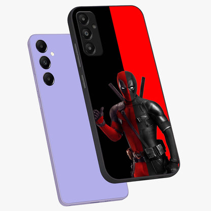 Red & Black Deadpool Theme Glass Case displayed in angled mockup highlighting vibrant superhero style illustration with action aesthetic.