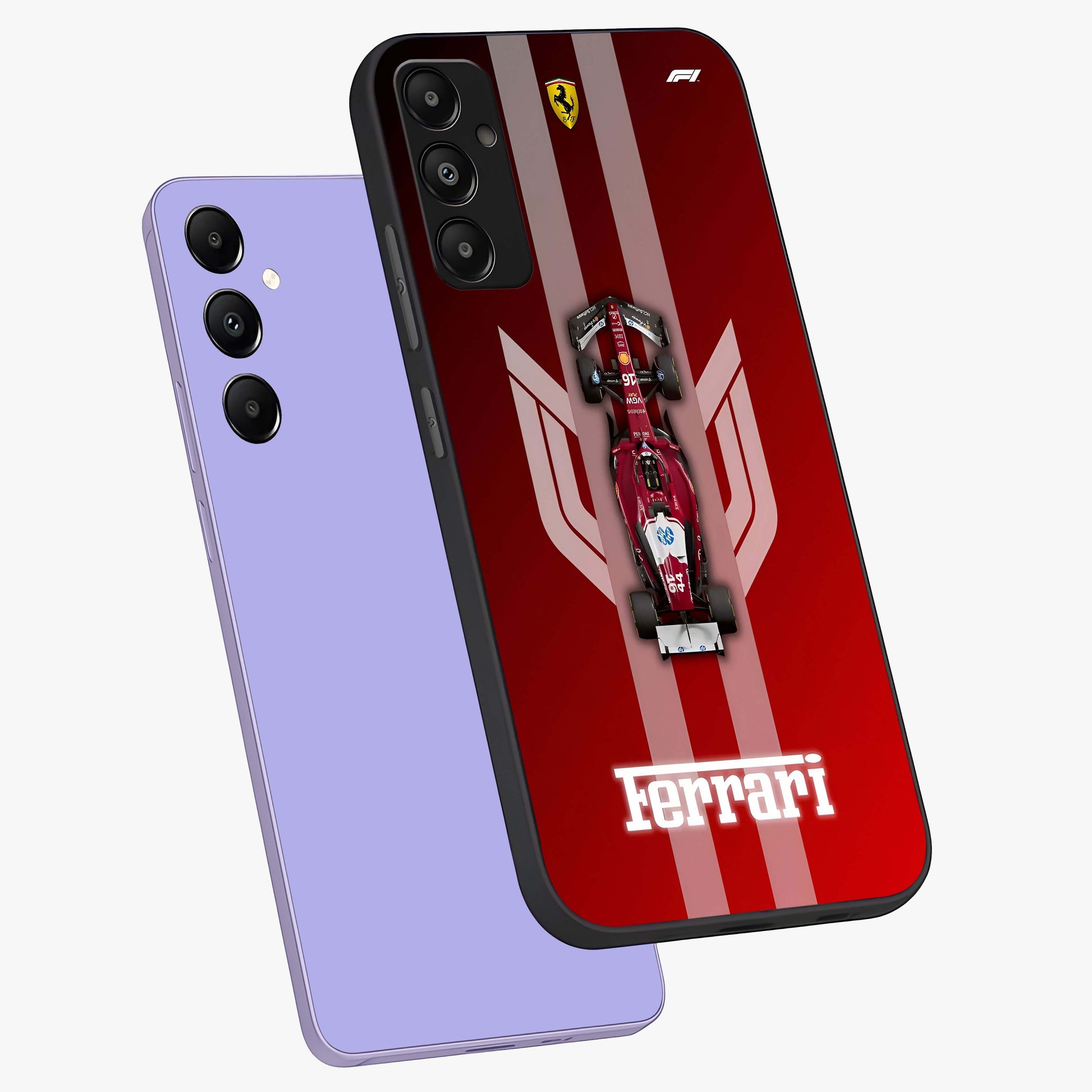 Red Ferrari F1 Vertical Glass Case displayed in angled mockup highlighting high speed racing design with bold automotive aesthetic.