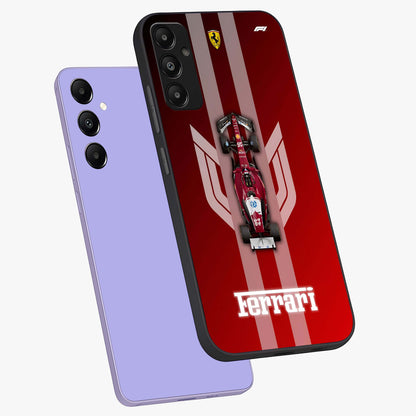 Red Ferrari F1 Vertical Glass Case displayed in angled mockup highlighting high speed racing design with bold automotive aesthetic.