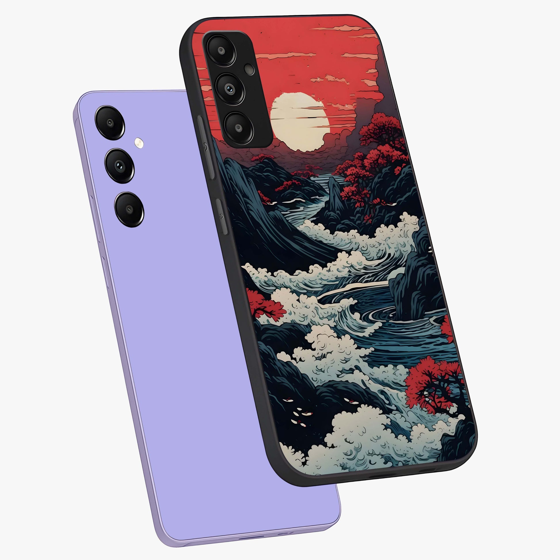 Red Sunset Scenery Glass Case displayed in angled mockup highlighting glowing sunset sky design with scenic aesthetic.