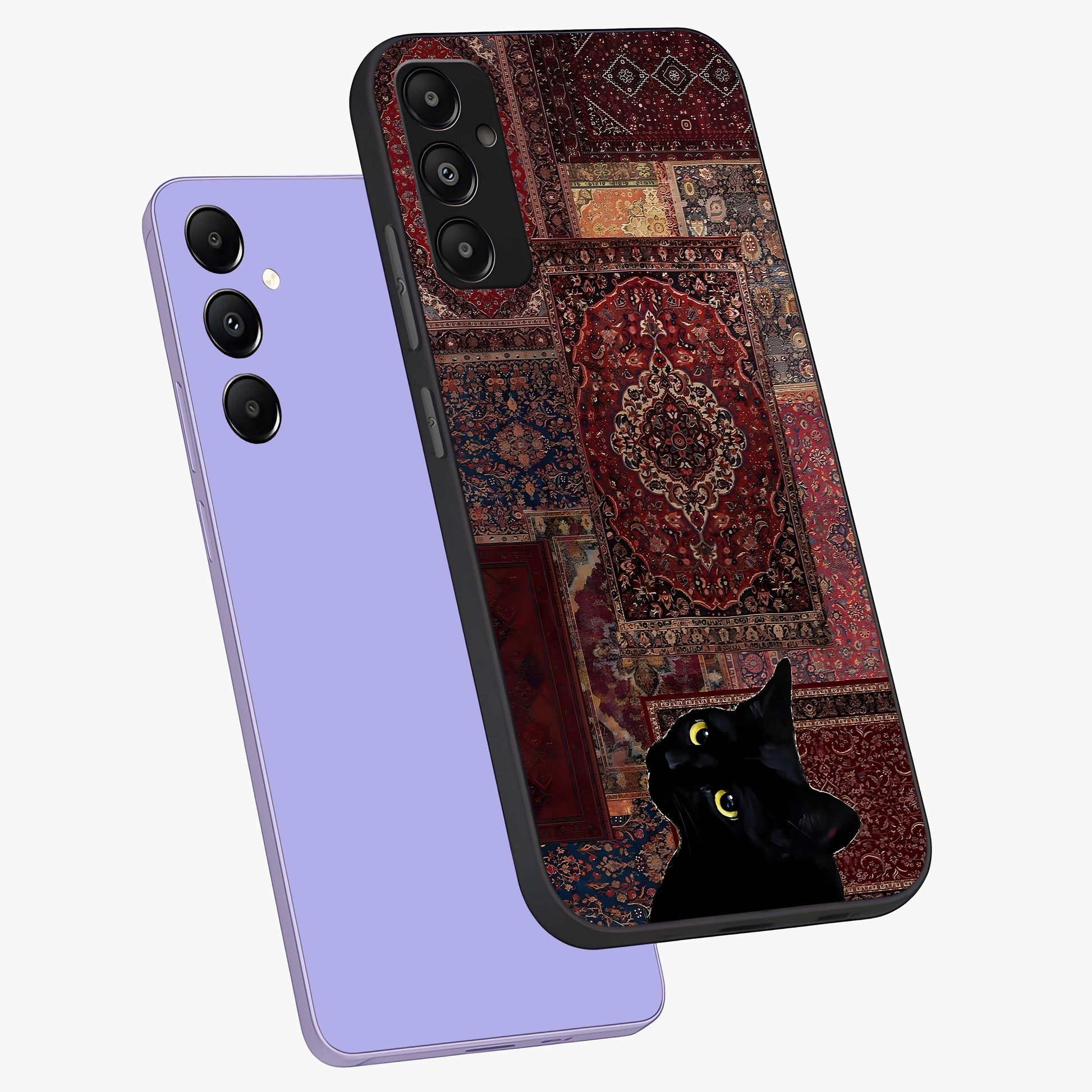 Regal Magic Cat Apple Glass Case displayed in angled mockup highlighting whimsical feline design with fantasy aesthetic.