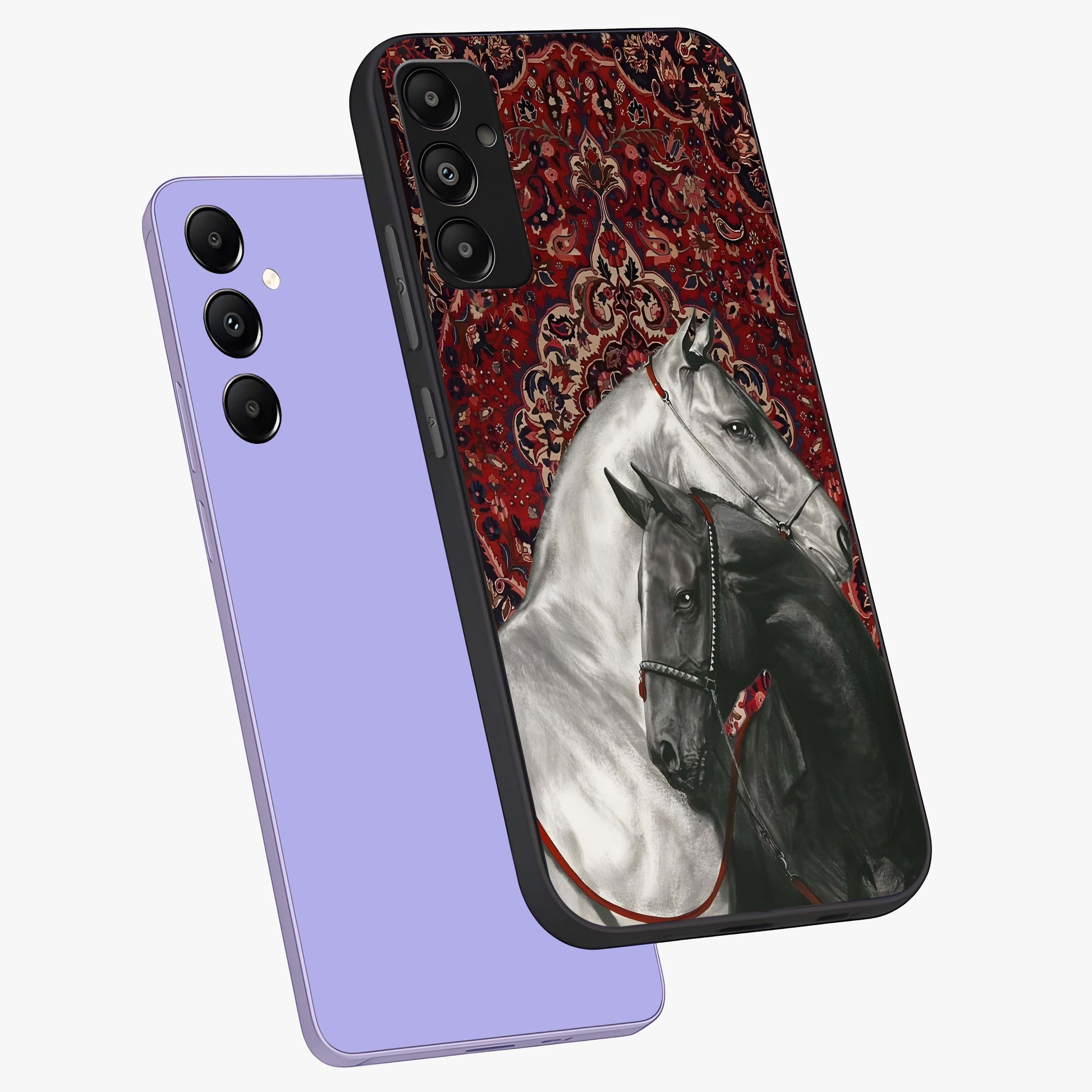 Regal Stallion Tapestry Glass Case displayed in angled mockup highlighting royal stallion design with decorative heritage aesthetic.