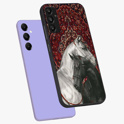 Regal Stallion Tapestry Glass Case displayed in angled mockup highlighting royal stallion design with decorative heritage aesthetic.
