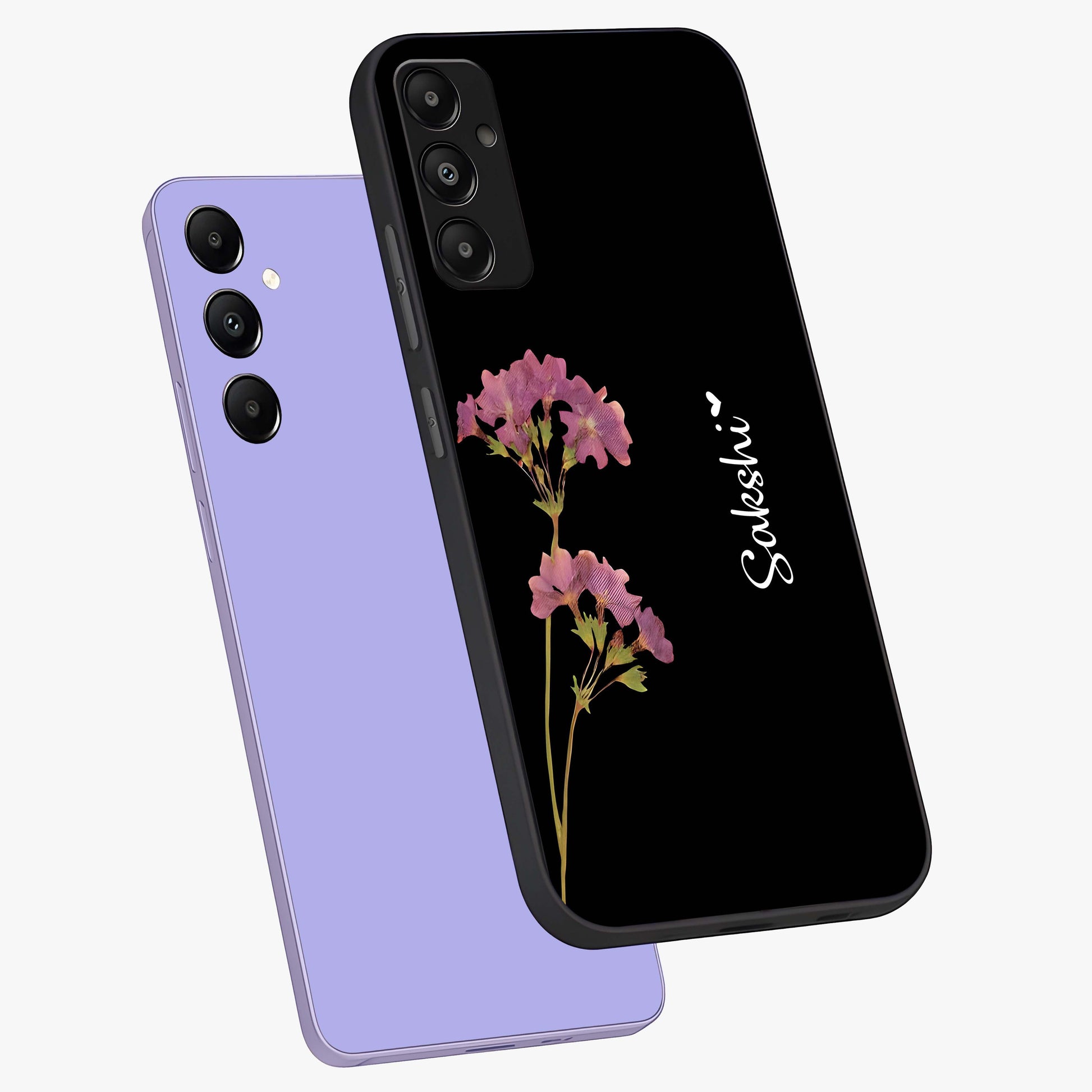 Riching Lavender Flower Custom Name Glass Case displayed in angled mockup highlighting delicate lavender flower design with custom name feature.
