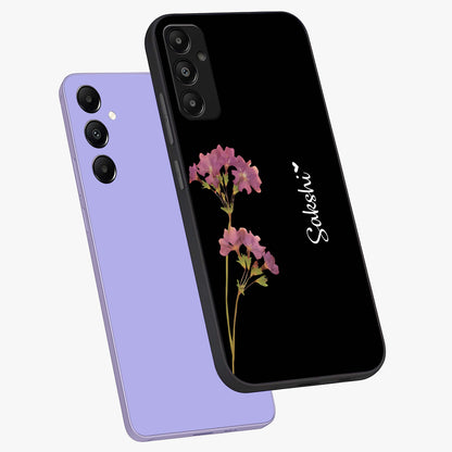Riching Lavender Flower Custom Name Glass Case displayed in angled mockup highlighting delicate lavender flower design with custom name feature.