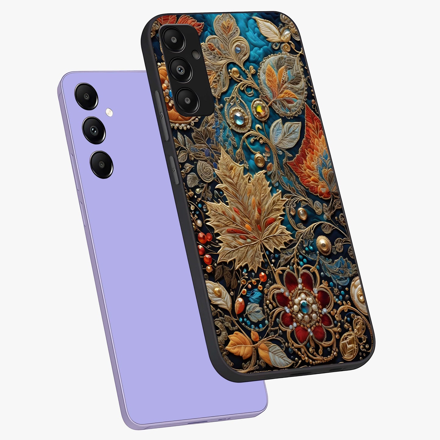 Royal Jewel Garden Glass Case displayed in angled mockup highlighting vibrant jewel inspired floral design with elegant aesthetic.