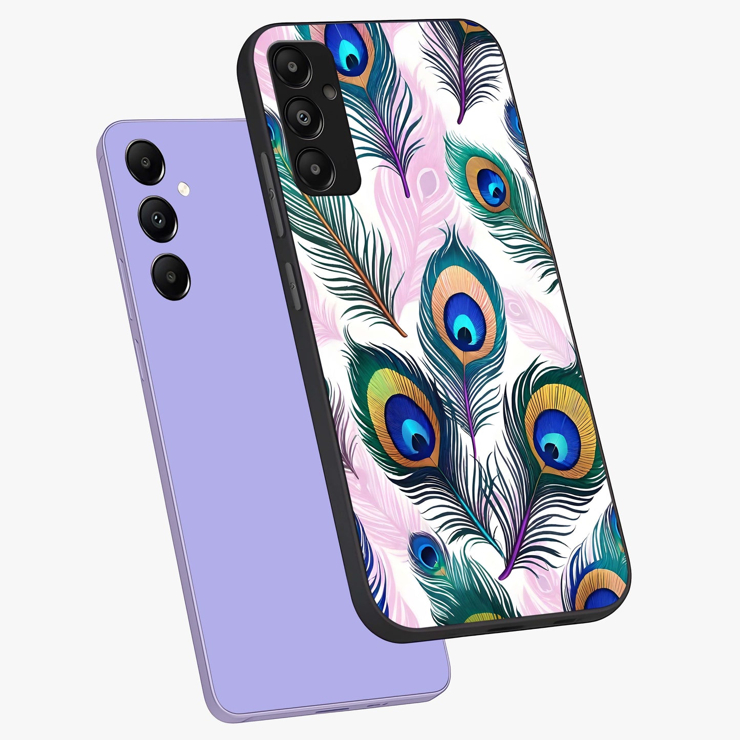 Royal Peacock Feathers Glass Case displayed in angled mockup highlighting vibrant feather pattern with regal aesthetic style.