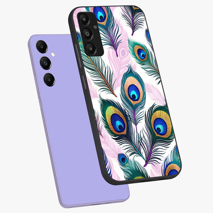 Royal Peacock Feathers Glass Case displayed in angled mockup highlighting vibrant feather pattern with regal aesthetic style.