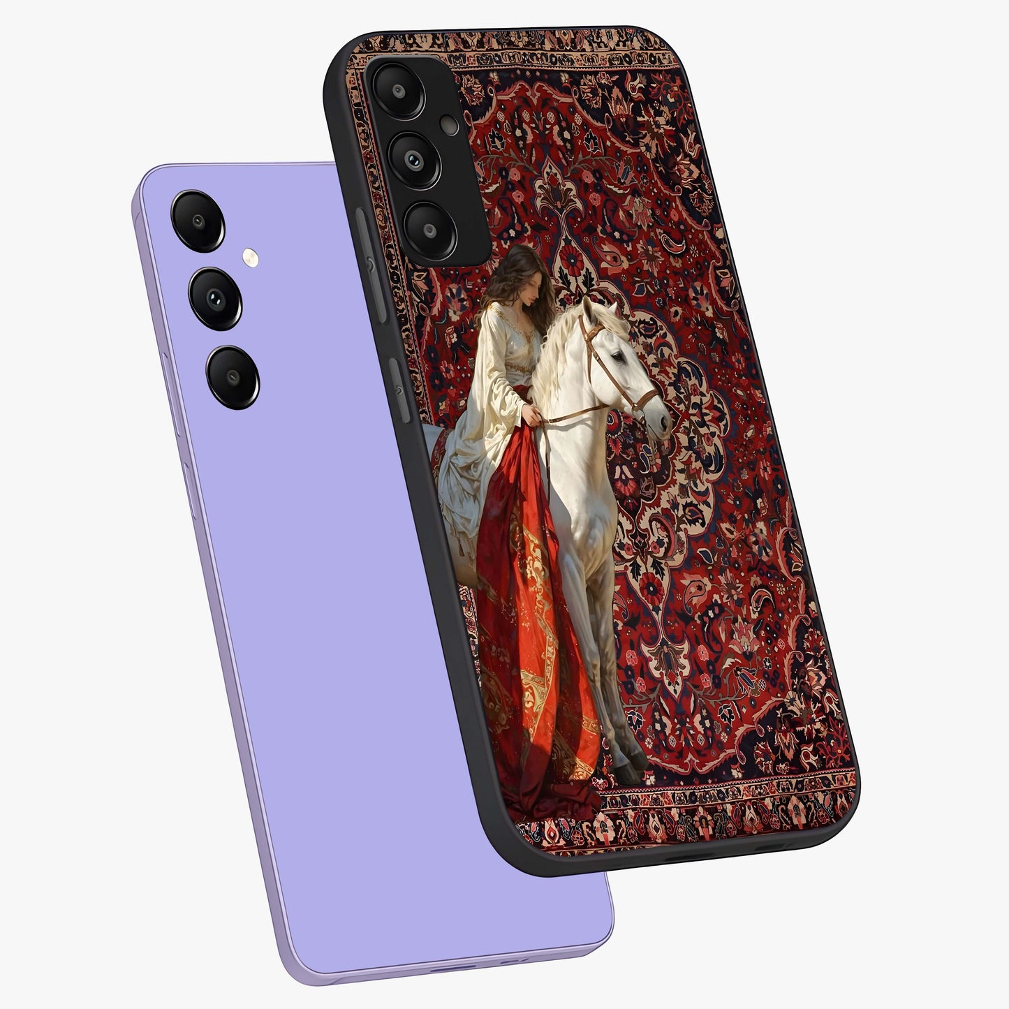 Royal Rider Tapestry Glass Case displayed in angled mockup highlighting traditional tapestry design with royal heritage aesthetic.