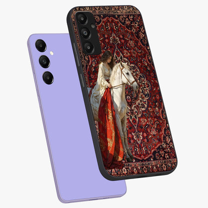Royal Rider Tapestry Glass Case displayed in angled mockup highlighting traditional tapestry design with royal heritage aesthetic.