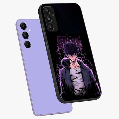 Shadow Monarch Awakening Glass Case displayed in angled mockup highlighting dramatic shadow warrior design with fantasy aesthetic.