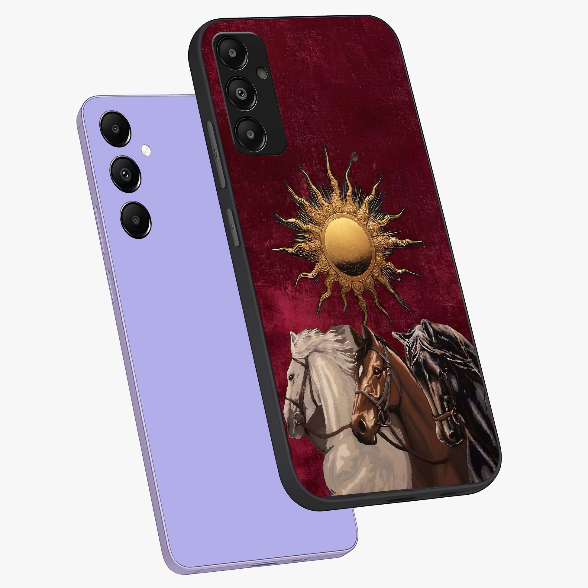 Solar Riders Glass Case displayed in angled mockup highlighting powerful rider illustration with radiant solar aesthetic.