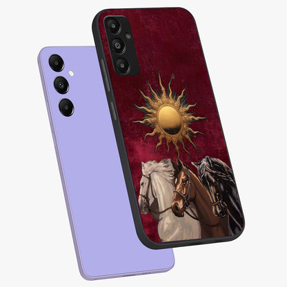 Solar Riders Glass Case displayed in angled mockup highlighting powerful rider illustration with radiant solar aesthetic.
