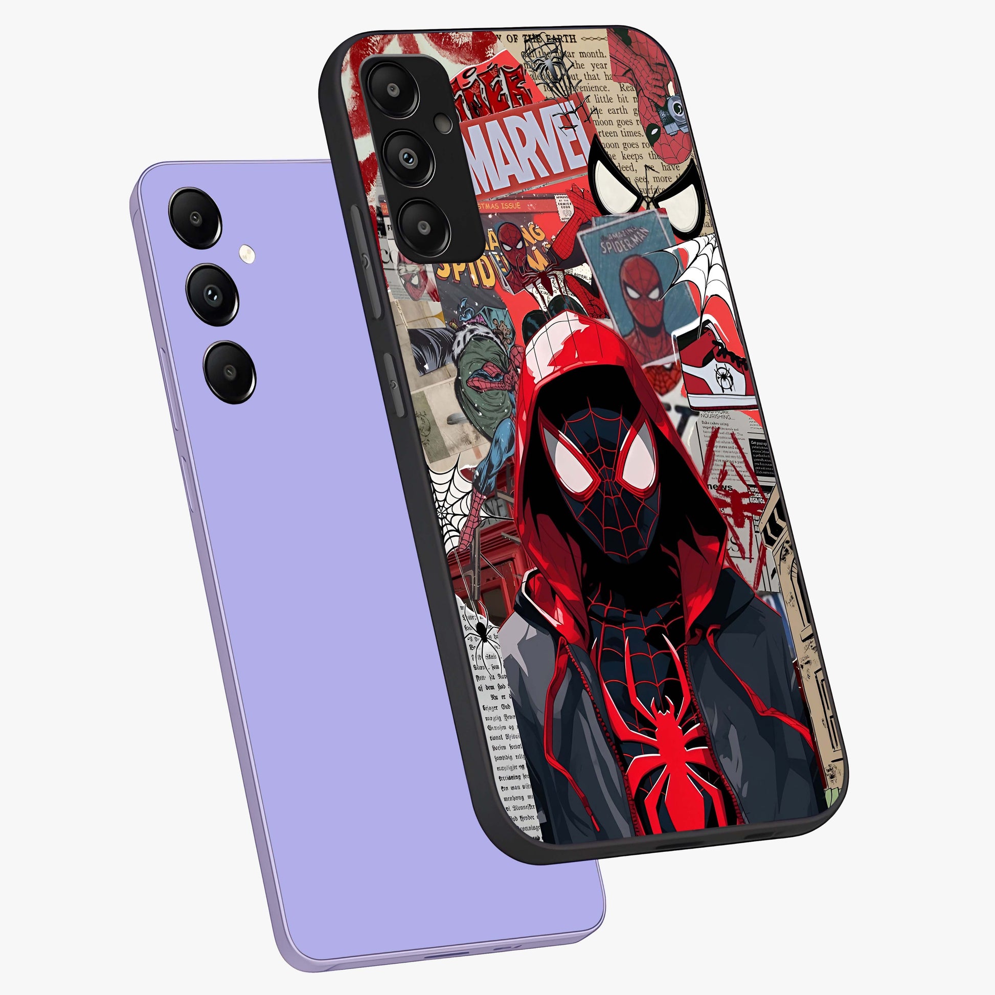 Spider Collage Street Glass Case displayed in angled mockup highlighting dynamic street style collage design with comic aesthetic.