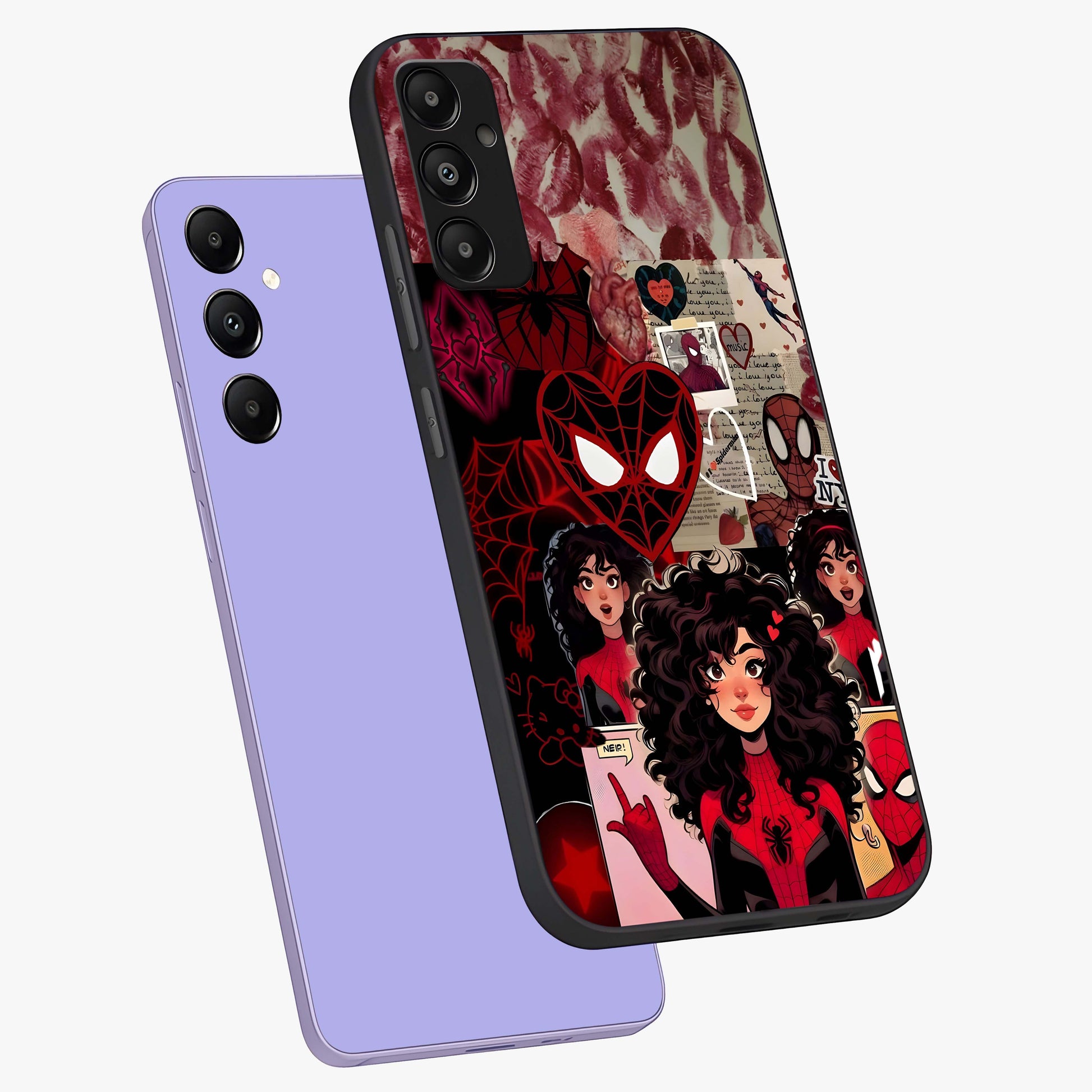 Spider Love Story Glass Case displayed in angled mockup highlighting expressive comic inspired design with playful aesthetic.