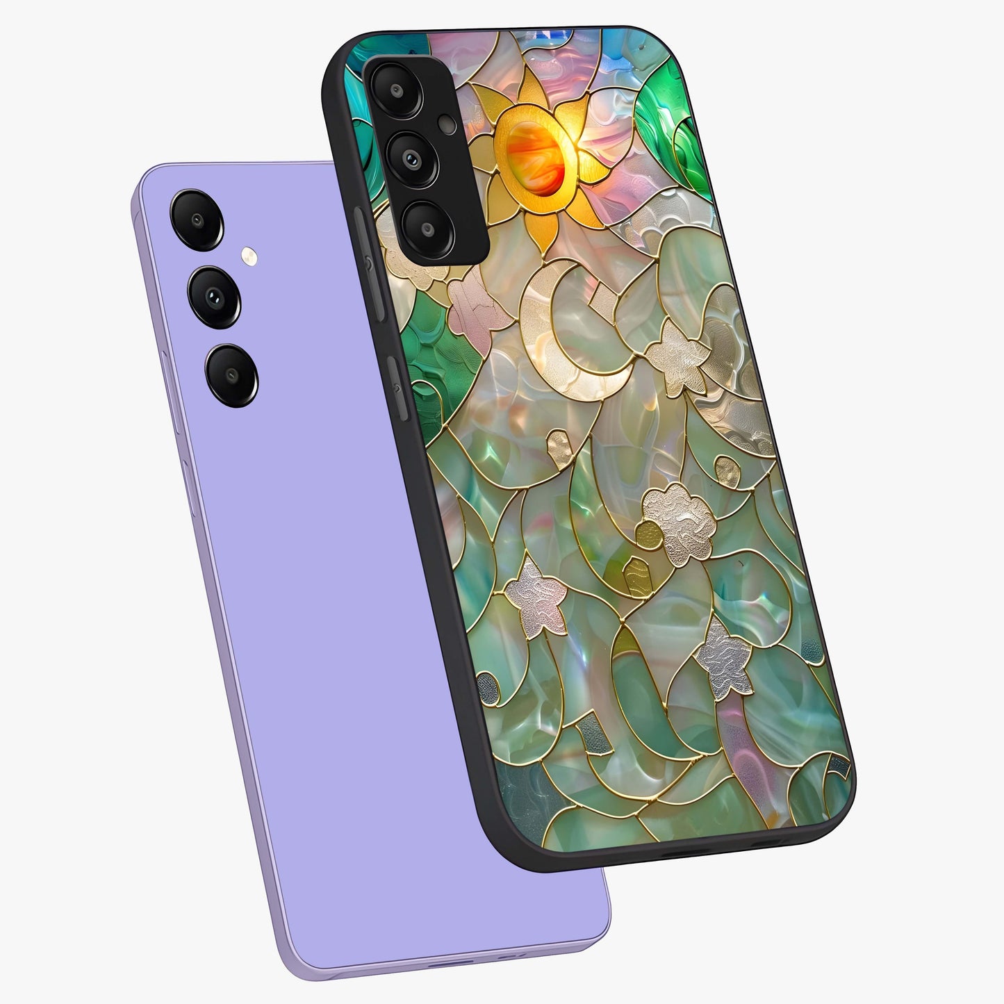Stained Sunrise Glow Glass Case displayed in angled mockup highlighting radiant sunrise design with artistic aesthetic style.
