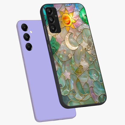 Stained Sunrise Glow Glass Case displayed in angled mockup highlighting radiant sunrise design with artistic aesthetic style.