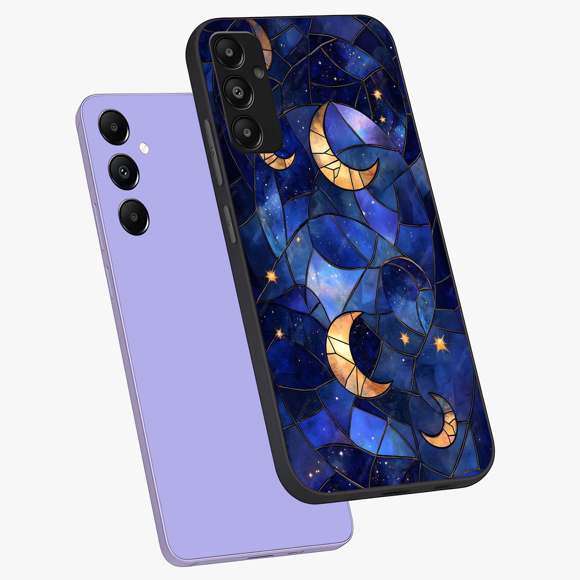 Starlit Sky Tapestry Glass Case displayed in angled mockup highlighting celestial night pattern with artistic aesthetic style.