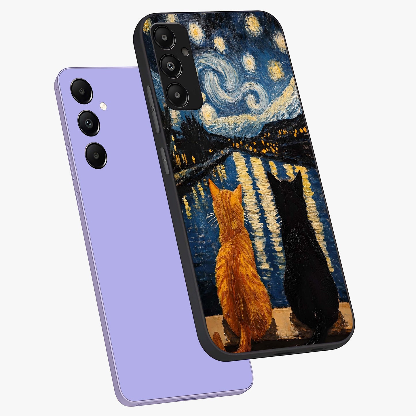 Starry River Cats Glass Case displayed in angled mockup highlighting charming feline illustration with dreamy night aesthetic.