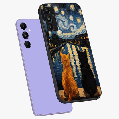 Starry River Cats Glass Case displayed in angled mockup highlighting charming feline illustration with dreamy night aesthetic.