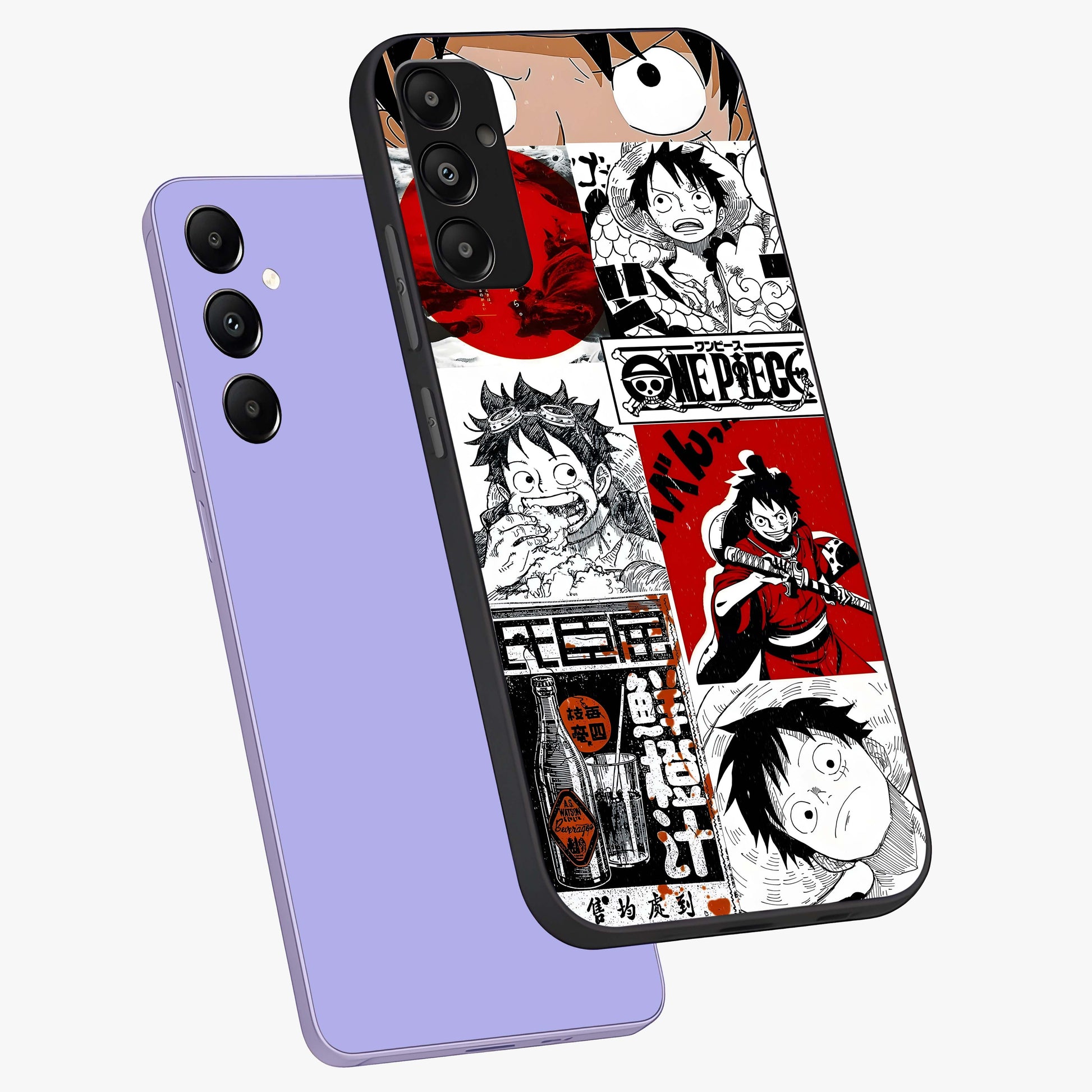 Strawhat Chaos Panels Glass Case displayed in angled mockup highlighting vibrant anime collage design with action aesthetic.