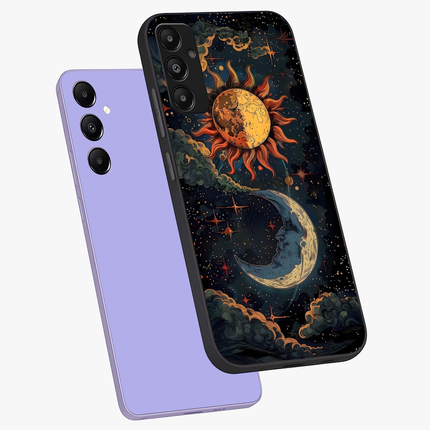 Sun And Moon Magic Design Glass Case displayed in angled mockup highlighting celestial design with magical cosmic aesthetic.