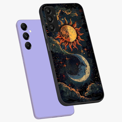 Sun And Moon Magic Design Glass Case displayed in angled mockup highlighting celestial design with magical cosmic aesthetic.
