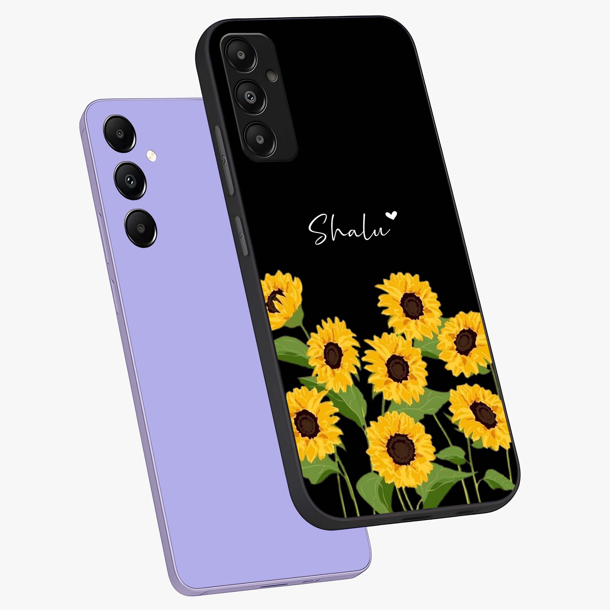 Sunflower Chic Mood Custom Name Glass Case displayed in angled mockup highlighting vibrant sunflower design with custom name feature.