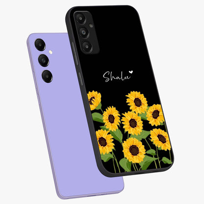Sunflower Chic Mood Custom Name Glass Case displayed in angled mockup highlighting vibrant sunflower design with custom name feature.