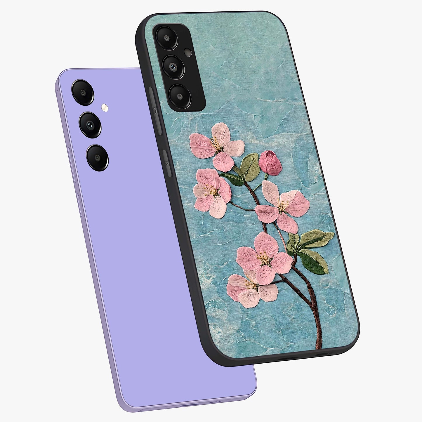 Threaded Blossom Breeze Glass Case displayed in angled mockup highlighting elegant floral design with soft aesthetic style.