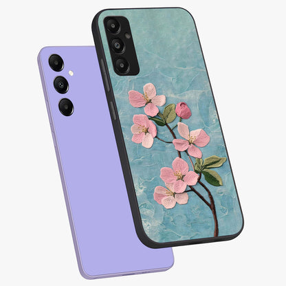 Threaded Blossom Breeze Glass Case displayed in angled mockup highlighting elegant floral design with soft aesthetic style.