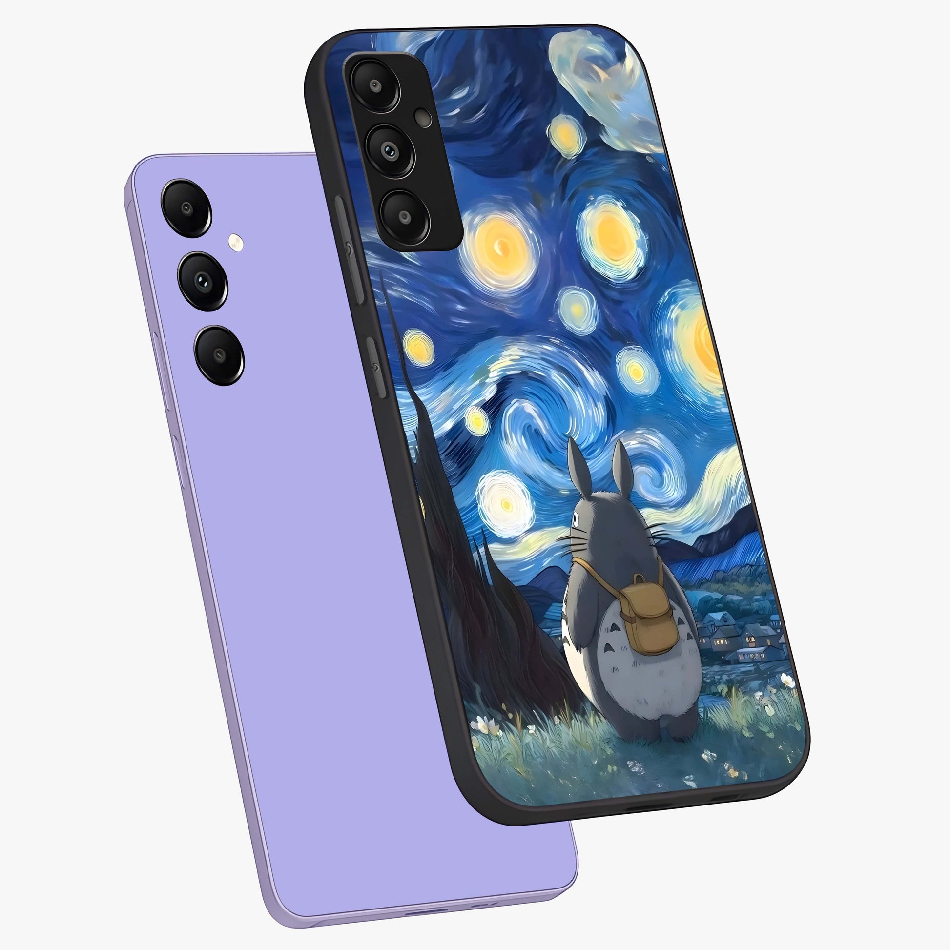 Totoro In Van Gogh Art Glass Case displayed in angled mockup highlighting artistic swirling sky design with playful animation aesthetic.