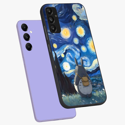 Totoro In Van Gogh Art Glass Case displayed in angled mockup highlighting artistic swirling sky design with playful animation aesthetic.
