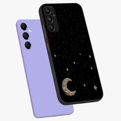 Twinkle Star With Half Moon Glass Case displayed in angled mockup highlighting celestial moon and star design with magical aesthetic.