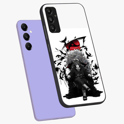 Uchiha Shadow Throne Glass Case displayed in angled mockup highlighting glowing aquatic design with celestial aesthetic.