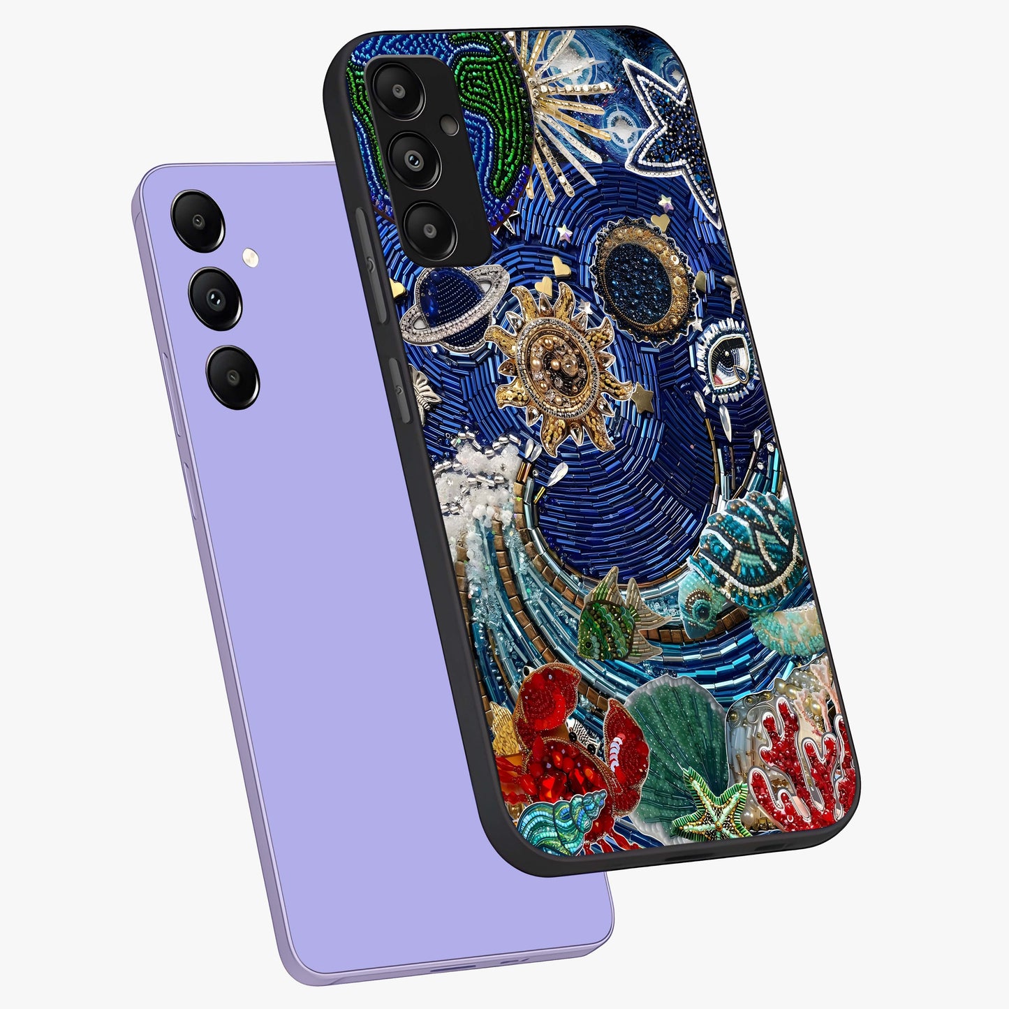 Universe Underwater Spark Glass Case displayed in angled mockup highlighting glowing aquatic design with celestial aesthetic.
