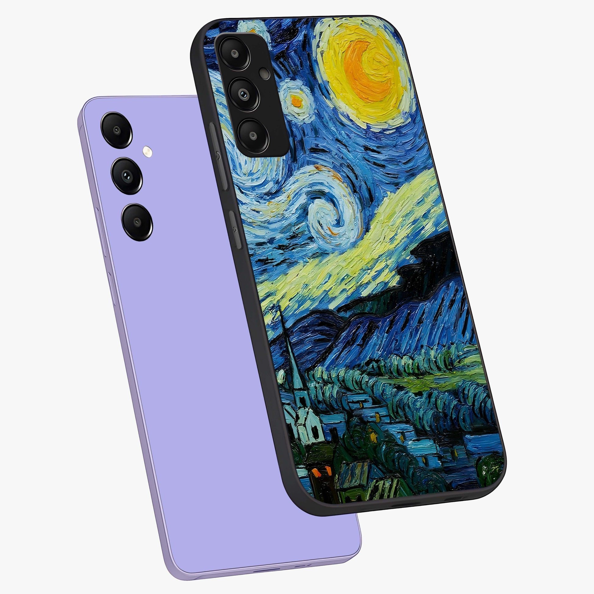 Van Gogh Art Glass Case displayed in angled mockup highlighting swirling brushstroke design with artistic aesthetic.