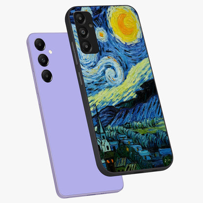 Van Gogh Art Glass Case displayed in angled mockup highlighting swirling brushstroke design with artistic aesthetic.